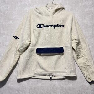 Champion Hoodie Mens Large White Sherpa Fleece Pullover Kangaroo Pocket